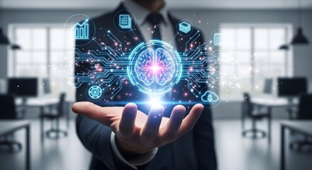 Futuristic concept of artificial intelligence with a businessman holding a glowing neural network for business innovation and data analysis