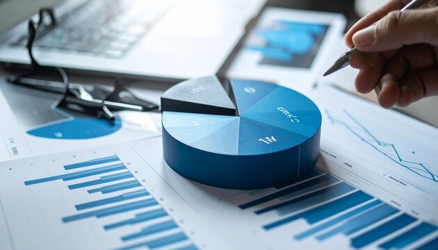 3D pie chart with labeled segments and surrounding bar and line graphs on digital analytics interface