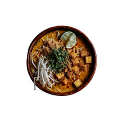 Delicious Laksa Soup with Tofu and Noodles in Wooden Bowl