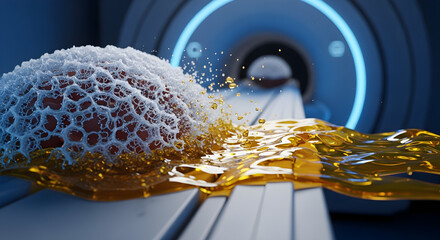 A cellular brain model is scanned by an MRI-like machine in a visualization of quantum consciousness experiments, immersed in a golden liquid that represents a vital life force.