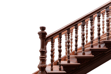 Side view of mahogany staircase with carved balusters isolated on white. Elegant home interior detail.