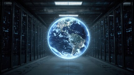 A digital representation of Earth in a high-tech server room, symbolizing global connectivity and innovation.