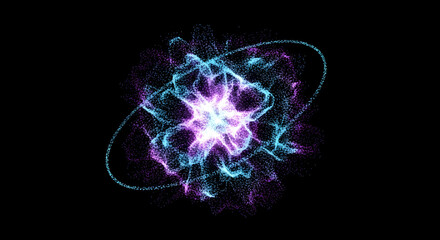 An artistic rendering of subatomic particles in chaotic, energetic orbits, visualizing the complex and interconnected processes explored within quantum consciousness experiments.
