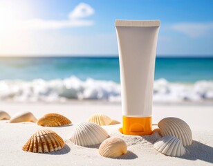 Obraz premium Essential Sun Protection for a Serene Summer Escape Sunscreen Bottle Resting on Sandy Beach with Seashells by the Azure Ocean