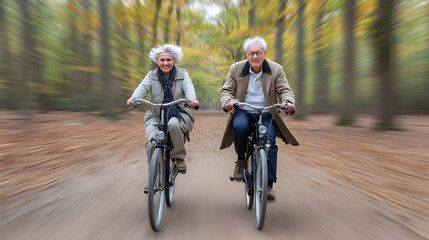 Naklejka premium Senior couple riding bicycles fast in autumn park, motion blur for dynamic effect.