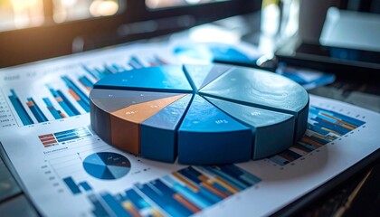 3D pie chart with labeled segments and surrounding bar and line graphs on digital analytics interface
