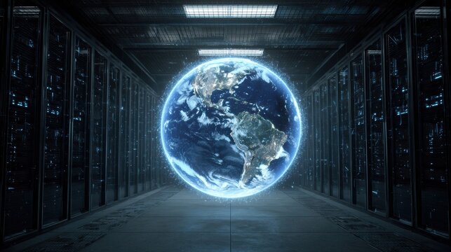 A digital representation of Earth in a high-tech server room, symbolizing global connectivity and innovation. - Powered by Adobe