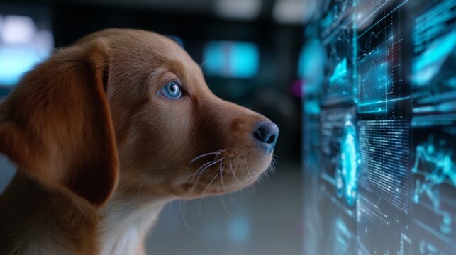 Curious puppy observing digital screens displaying colorful data in a modern technology environment