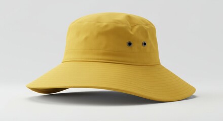 A yellow bucket hat with a wide brim is centered against a plain white background