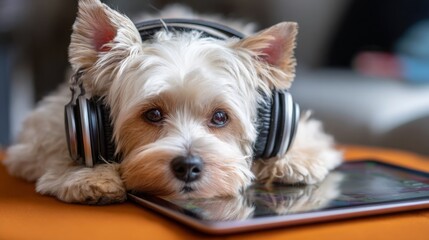 Dog enjoys relaxing time with headphones on while lying next to a tablet in a cozy room setting