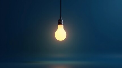 A solitary hanging light bulb is depicted, glowing brightly with a soft, warm light against a deep blue background