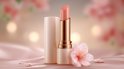 A delicate blush-toned lipstick, presented beautifully with a blossoming flower, sits atop a soft, light pink surface, evoking a tranquil spring ambiance.