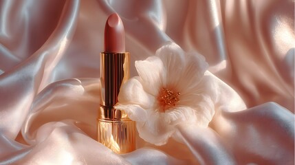 A delicate, light-pink lipstick sits beside a soft white flower, nestled on a luxurious blush-toned silk fabric, capturing a serene and elegant aesthetic.