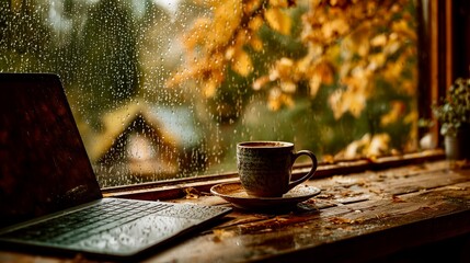 Hyperrealistic illustration of a laptop and coffee cup on a rustic wooden desk near a rain-covered window with autumn leaves outside.