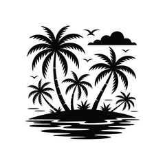 Obraz premium Tropical Island Silhouette with Flying Birds and Palm Trees 