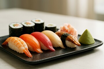 Assorted sushi selection with nigiri and maki rolls arranged on black plate in soft natural light on minimal background. Ai generative. Ai generative