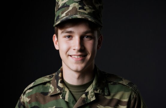 Smiling young man in military uniform looking at camera - Powered by Adobe
