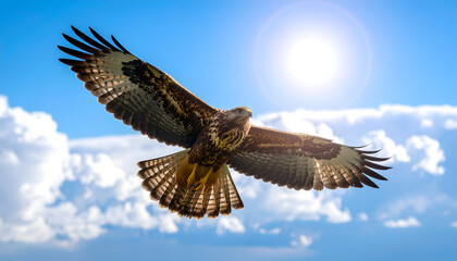 A majestic bird of prey soars through a sunny blue sky, its wings spread wide against the bright sun and fluffy clouds.