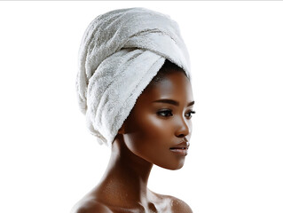 Obraz premium Portrait of a beautiful young Black woman with a towel on her head a spa concept isolated over a white background with copy space for text Stock photo in the