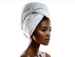 Portrait of a beautiful young Black woman with a towel on her head a spa concept isolated over a white background with copy space for text Stock photo in the