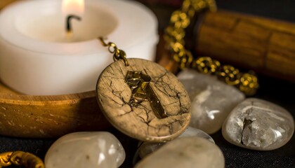 Mystic altar: candles, amulets and herbs for Halloween