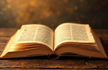 Obraz premium A book with open pages resting on a wooden surface in warm, ambient lighting