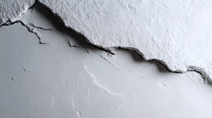 A close-up view of a distressed wall, showing deep, irregular cracks running through a light gray stucco or plaster surface.