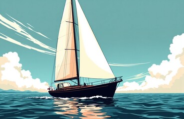 Sailing yacht with large white sails on calm ocean waters under a partly cloudy sky