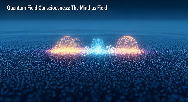 A visual diagram for "Quantum Field Consciousness: The Mind as Field," showing two energy domes interacting, a key concept in theoretical quantum consciousness experiments.