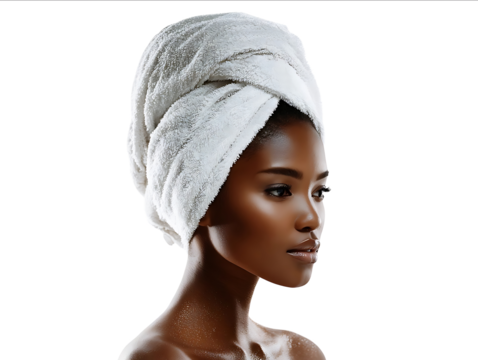Portrait of a beautiful young Black woman with a towel on her head a spa concept isolated over a white background with copy space for text Stock photo in the