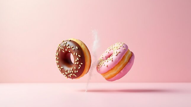 A whimsical image of bouncing and colliding donuts against a soft, pastel-colored background