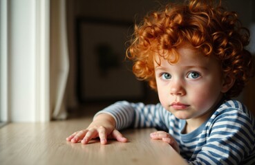 Naklejka premium Child with curly red hair and blue eyes resting his head on a wooden table in a cozy indoor setting