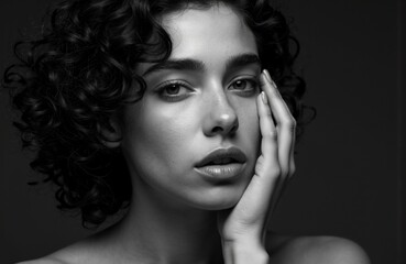 A woman with curly hair gazes thoughtfully into the camera in a black and white portrait