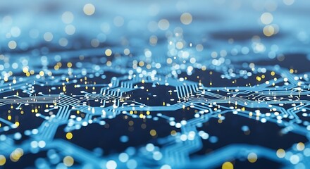 Abstract blue circuit board with glowing yellow and blue lights