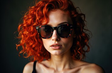 Woman with vibrant red curly hair wearing stylish sunglasses looking confidently at the camera