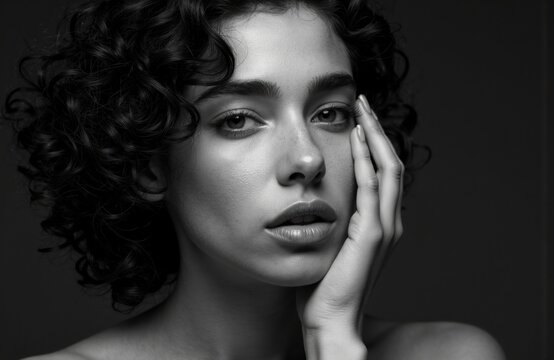 A woman with curly hair gazes thoughtfully into the camera in a black and white portrait