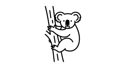 Koala Bear Climbing a Tree Branch, Black and White Outline Illustration.