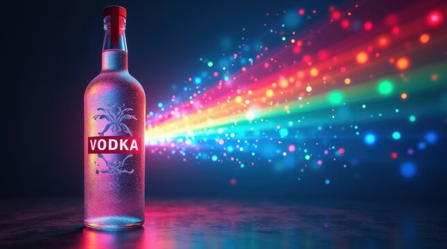Vibrant light display with vodka bottle studio setting photography colorful background artistic concept