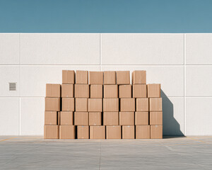 A neatly stacked arrangement of cardboard boxes against a plain, light-colored wall under a clear blue sky.