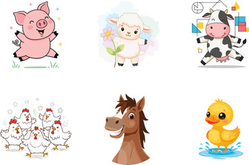 Cute cartoon farm animals, pig, lamb, cow, chickens, horse, duckling, smiling faces, children’s illustration, educational design, colorful vector art, playful style