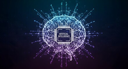 Artificial intelligence concept with brain outline in luminous data web, neural network connections on dark background