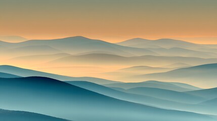 Gentle, misty mountainscapes, softly shaded in muted tones of teal and beige, create a serene and peaceful vista.