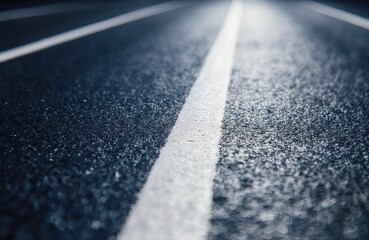 A close-up view of an asphalt road with a white lane marking extending into the distance