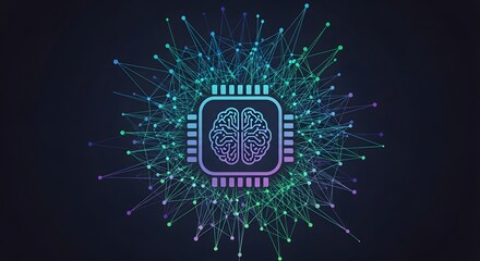 Artificial intelligence concept with brain outline in luminous data web, neural network connections on dark background