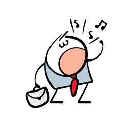 Funny stickman in a business suit goes to work and sings loudly. Vector illustration of an unprofessional singer in an office. Cartoon person isolated on white background.