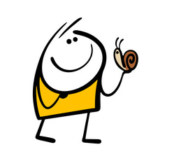 Cartoon boy met a snail on a walk. Vector illustration of a stickman holding a pet. Insects in a shell, a cute animal in nature.