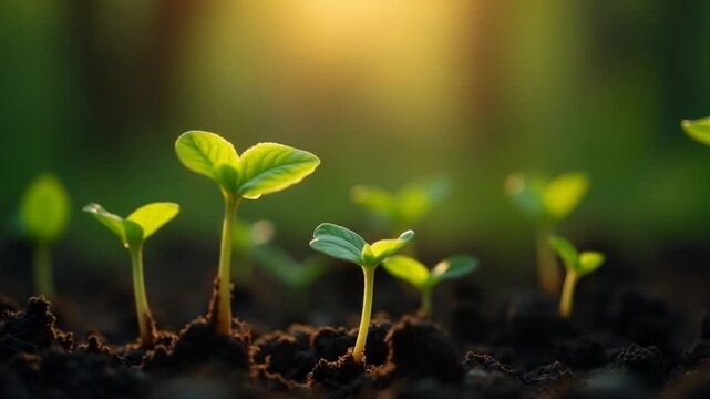 Newly sprouted green seedlings glisten under a soft glow, surrounded