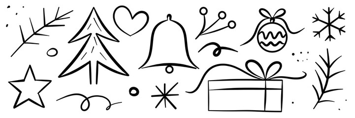 illustration: hand drawn christmas icons and symbols set isolated on white or transparent png