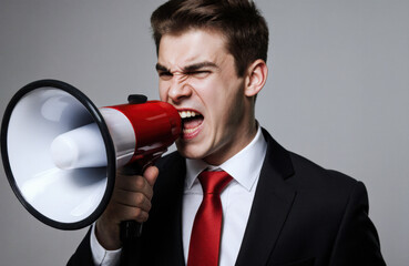Man in formal suit shouting into a red and white megaphone with a serious expression