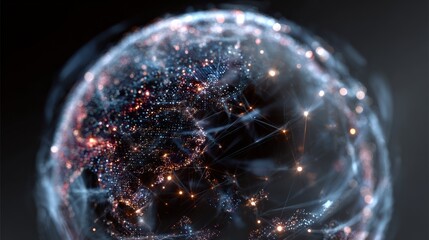 A futuristic digital globe featuring interconnected lines and glowing points representing data flow around the world.